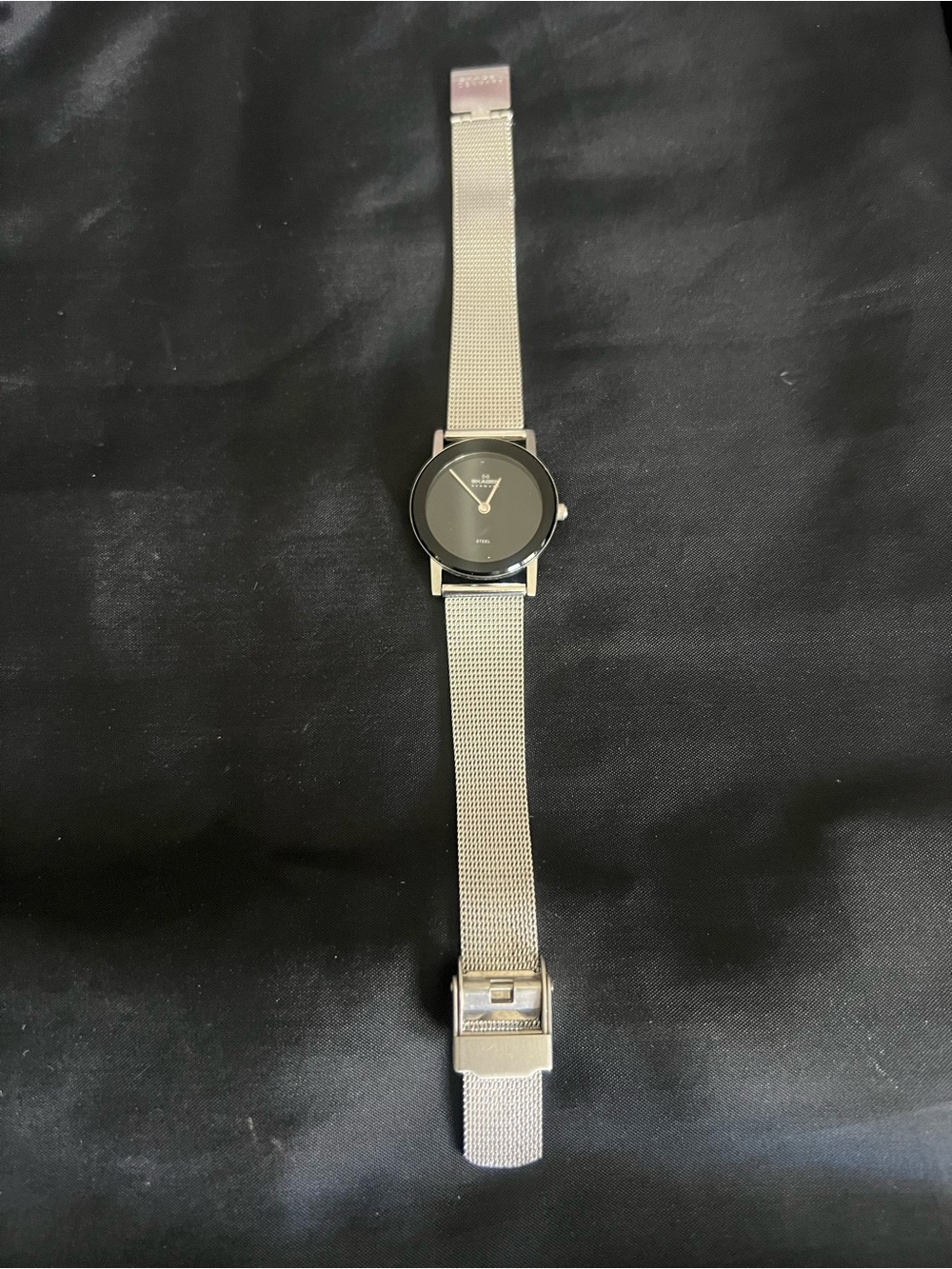 Skagen Silver Mesh Wristwatch with Black Dial